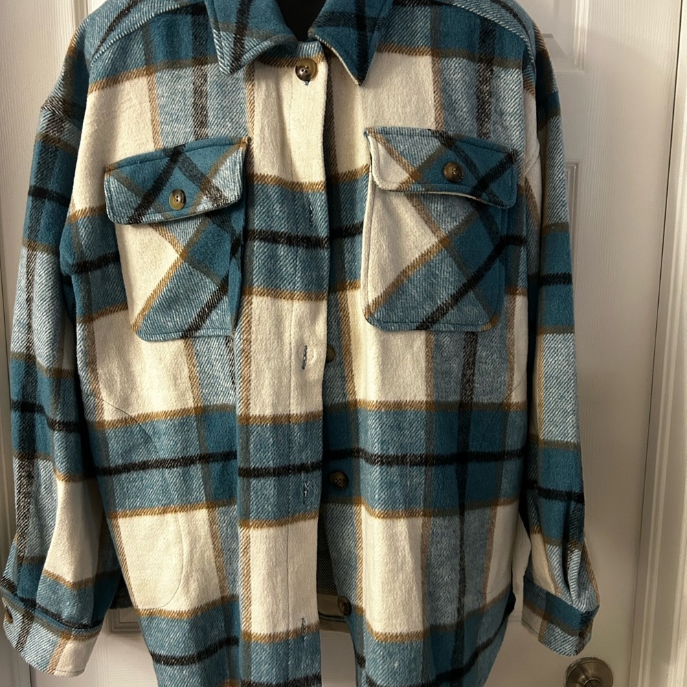 Men's Blue and Cream Plaid Shirt Jacket